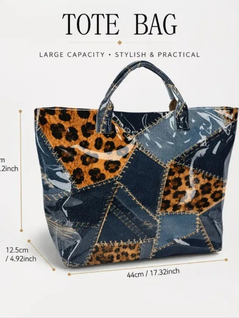 Safari Denim Patch Look PVC Tote Shoulder Bag - Picture 2 of 8